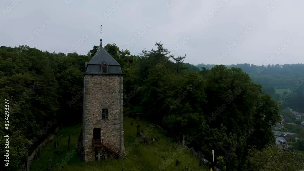Aerial video of Tour St. Martin and the cemetery, in Hamoir Belgium Aerial video of Tour St. Martin and the cemetery, in Hamoir Belgium