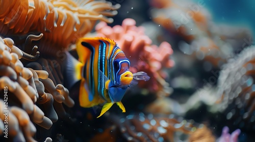 A jovial angelfish with a funny face swims among colorful coral reefs, entertaining fellow marine life. photo