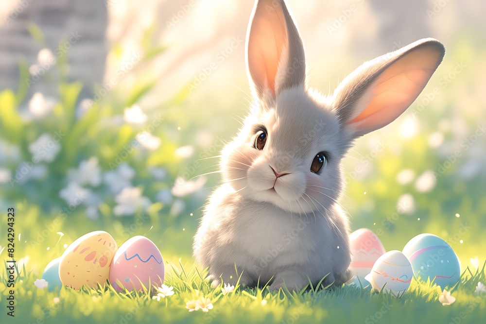 Charming Easter Bunny Surrounded by Colorful Eggs in a Dreamy Garden Setting
