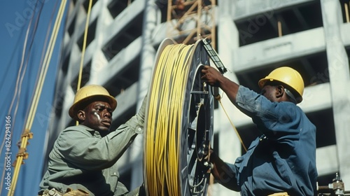 A team of electricians unrolling a large spool of wire as they prepare to feed it into the walls of a multistory building. photo