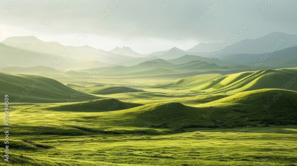 Obraz premium A sense of tranquility and stillness pervades a landscape of gently rolling drumlins evoking the quiet beauty of glacial landscapes.