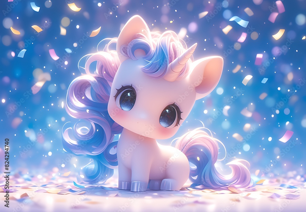Sparkling Unicorn Figurine with Rainbow Mane on Glittery Confetti Against Pink and Purple Background Sparkling Unicorn Figurine with Rainbow Mane on Glittery Confetti Against Pink and Purple Background