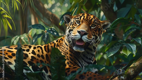 A jovial jaguar with a funny face lounges in the jungle  exuding charm and amusement.