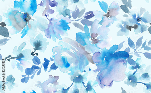Fototapeta Naklejka Na Ścianę i Meble -  Seamless pattern of abstract blue roses and floral elements painted in watercolor