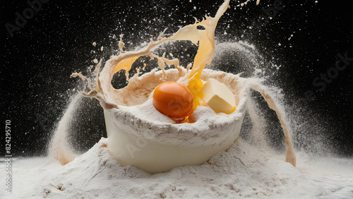 Raw egg and butter falling into a hep of flour on black background. Dynamic photo with texture. Holiday baking pastry making concept photo