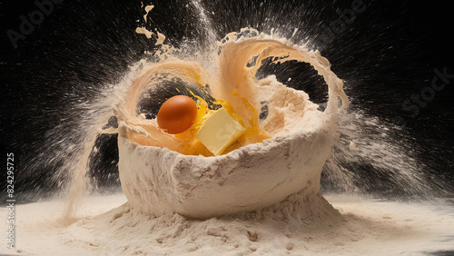 Raw egg and butter falling into a hep of flour on black background. Dynamic photo with texture. Holiday baking pastry making concept photo