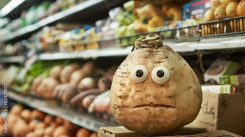 A jovial jicama with googly eyes brings laughter to the grocery store aisle with its funny face.