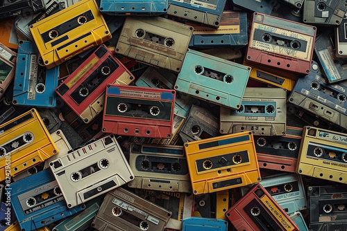 Top down view of a collection of vintage cassette tapes scattered - Generative AI