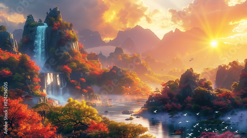 fantasy landscape with sunrise or sunset, amazing nature view. Wall Art Poster Print Design for Home Decor, 4K Wallpaper and Background for Computer, Smartphone, Cellphone, Mobile Cell Phone, desktop