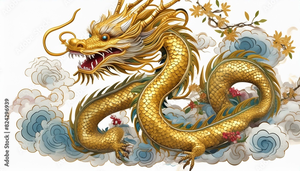 Obraz premium Chinese golden dragon isolated on a white background.