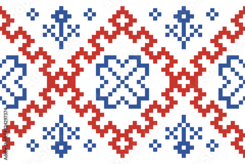 Cross Stitch embroidery seamless.Geometric pixel ethnic patterns. American, Mexican,African, mediterranean, nordic,Aztec style.Trendy folk art background design for products, fabric, ,print,decorate.