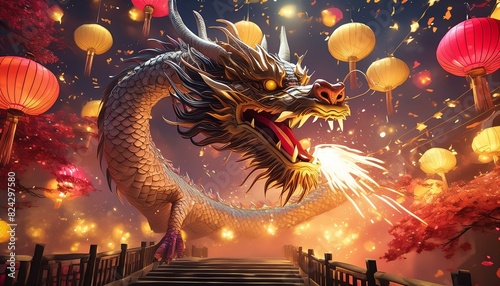 A powerful Chinese dragon in a dynamic pose, breathing fire, with traditional Chinese lanterns and fireworks illuminating the scene © Mom
