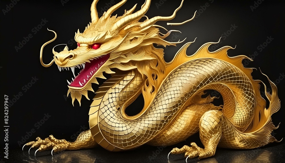 Obraz premium A gold dragon with red eyes is laying on a black background