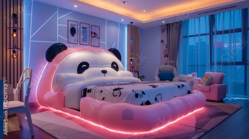 Panda themed bedroom emphasizes comfort and fun. Light pastel yellow walls and beautiful arrangement Meticulous attention to detail with elegant details creates a space that is fun yet refined. photo