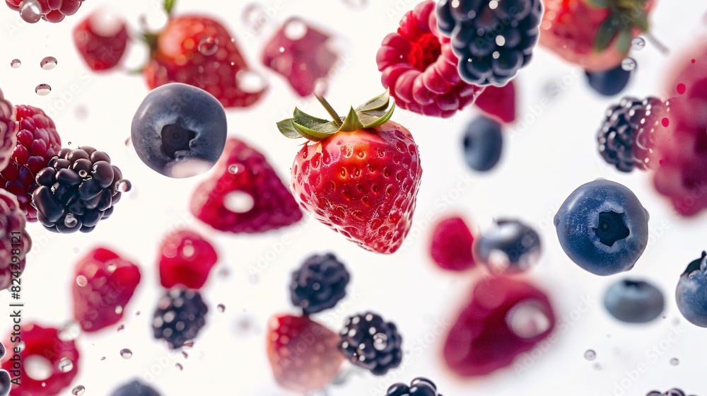 Falling wild berries mix, strawberry, raspberry, blueberry, blackberry, isolated on white background Falling wild berries mix, strawberry, raspberry, blueberry, blackberry, isolated on white background