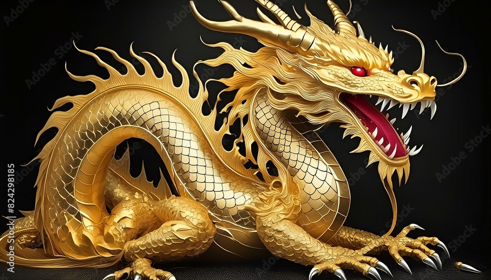 Obraz premium A golden dragon isolated on a black background