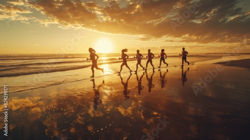 A group of people are running on a beach at sunset generated by AI photo