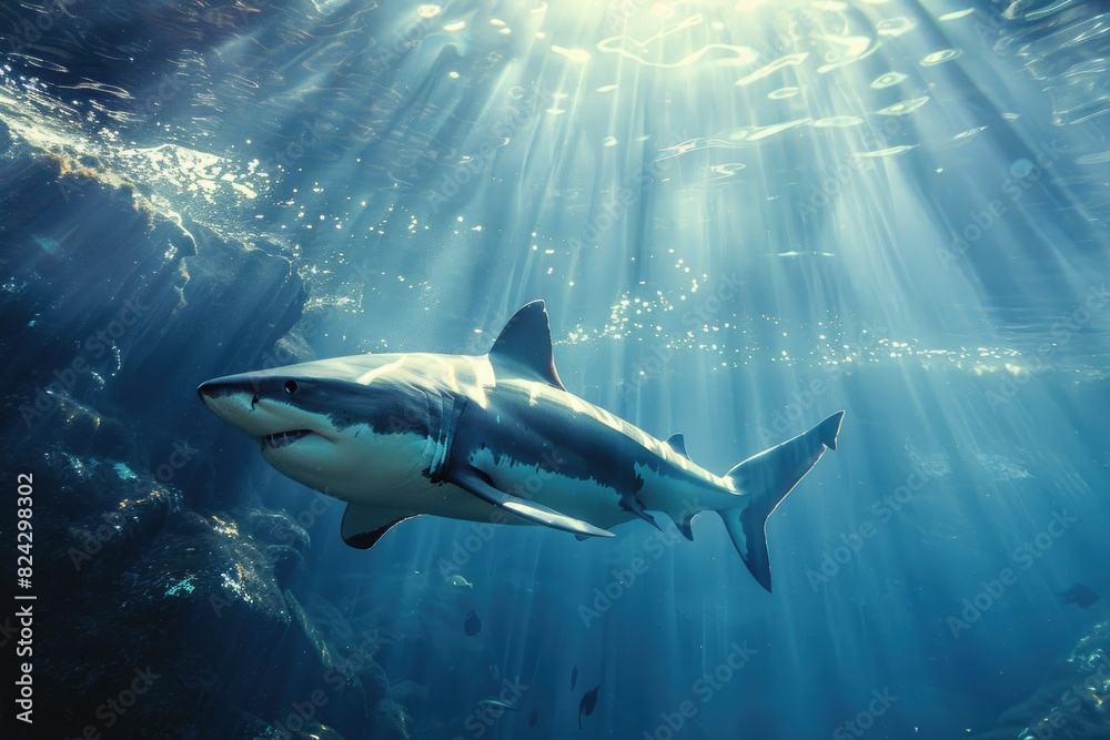 white shark under water on the sea hunting victim white shark under water on the sea hunting victim