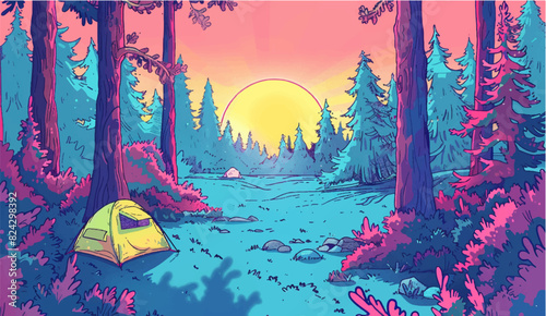 Serene Forest Camping Scene with Tents at Sunset in Vibrant Colors