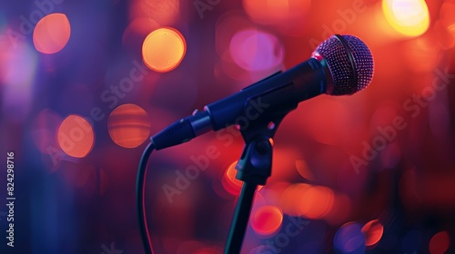 microphone on stage as a singer performs rock music