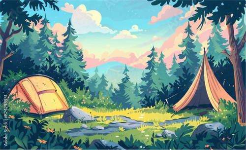 Charming Forest Campsite Illustration with Tents and Lush Foliage