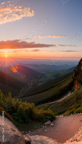 Bright Orange Sunset With Clouds and Blues Skies Over The Mountains