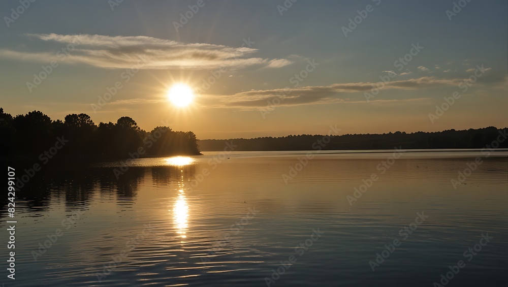 shows a sunset over a lake. The sky is orange and the sun is yellow