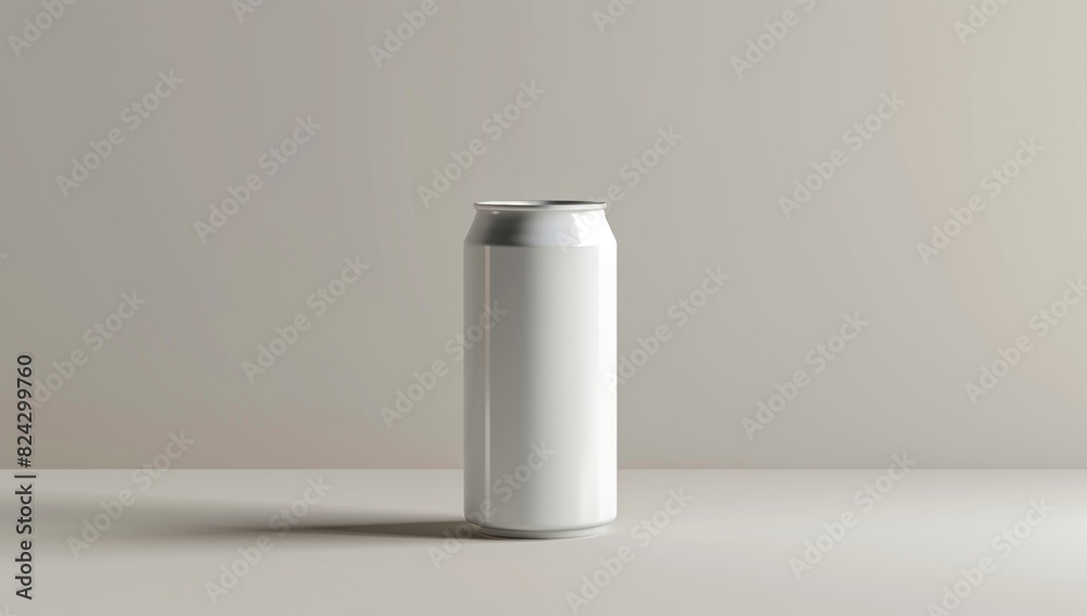 White blank can mockup, front view on table with gray background.