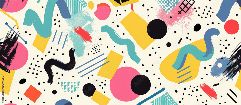 Abstract background with circle, square and triangle shapes and colorful patterns in Memphis style Abstract background with circle, square and triangle shapes and colorful patterns in Memphis style