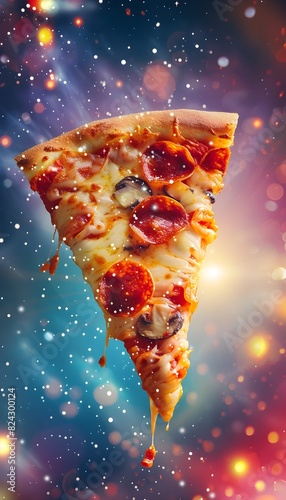 Cosmic Pizza Slice Floating in Galactic Swirl of Lights and Sparkles