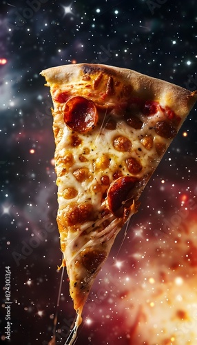 Cosmic Pizza Slice Floating in the Midst of a Breathtaking Galaxy with Swirling Nebulae and Dazzling Stars in the Vast Expanse of the Infinite