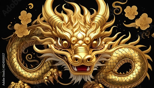 Golden color cute Cartoon chinese dragon on black background