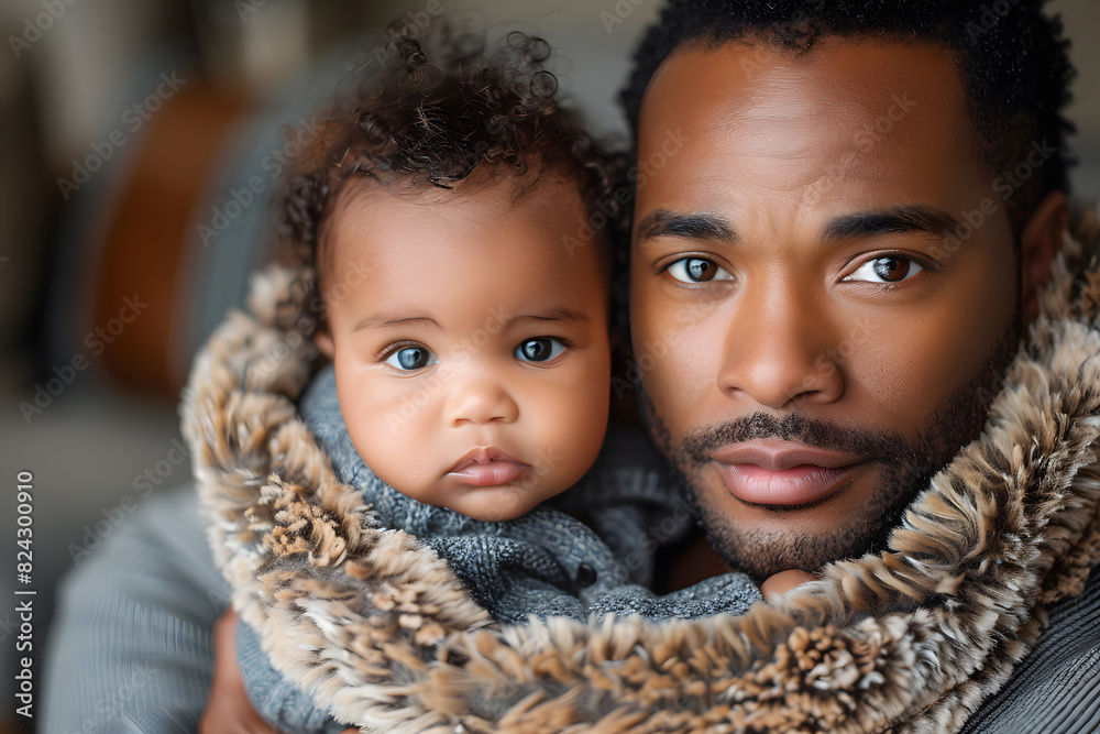 Black man father sleeping with daughter or son child. Caring father hugs his baby tenderly. Father's Day or Children's Day concept Black man father sleeping with daughter or son child. Caring father hugs his baby tenderly. Father's Day or Children's Day concept