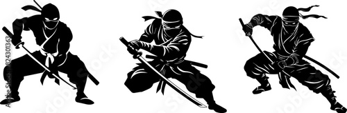 Ninja Warriors in Combat Poses with Swords