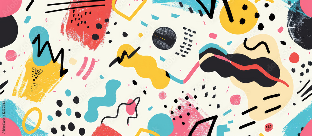Abstract background with circle, square and triangle shapes and colorful patterns in Memphis style Abstract background with circle, square and triangle shapes and colorful patterns in Memphis style