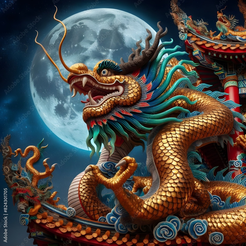 A large gold dragon is sitting on a building with a full moon in the background