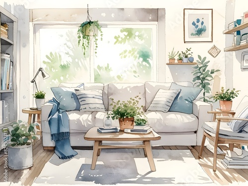 Cozy Living Room Watercolor Art © PikGrand