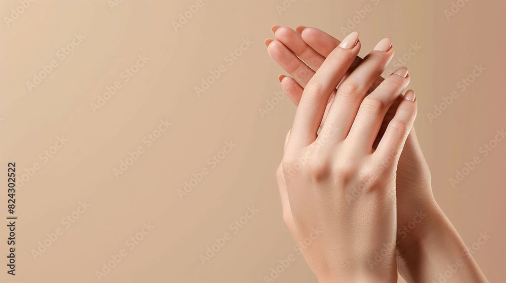 Elegant woman's hand with well-groomed nails on beige background