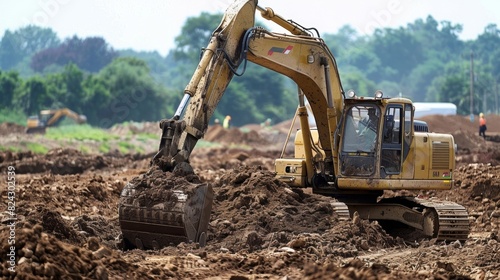 The excavators powerful arm digging through layers of soil as workers prepare the groundwork for a new construction project.