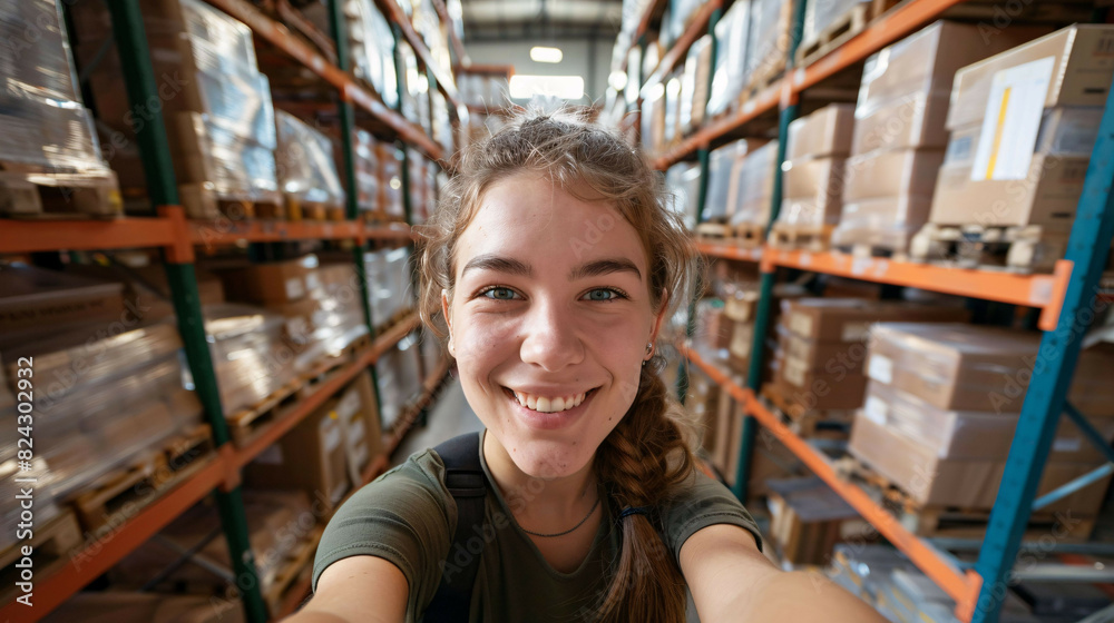 Fototapeta premium Happy woman taking selfie in warehouse with boxes and shelves