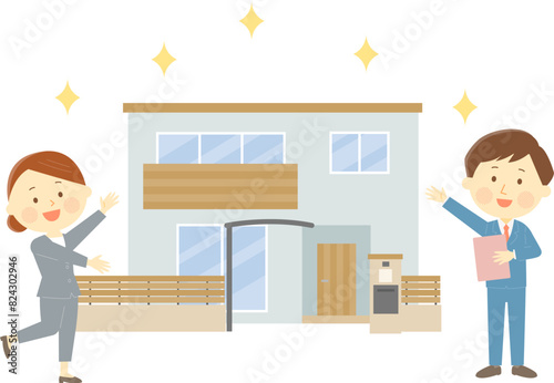 二階建ての住宅をおすすめする不動産会社の男性と女性