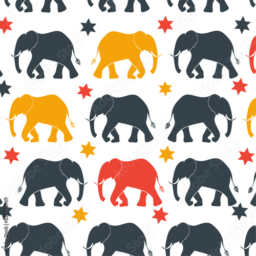 A seamless pattern with silhouettes of elephants and stars