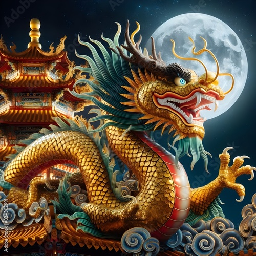 Wallpaper Mural A large gold dragon is sitting on a building with a full moon in the background Torontodigital.ca