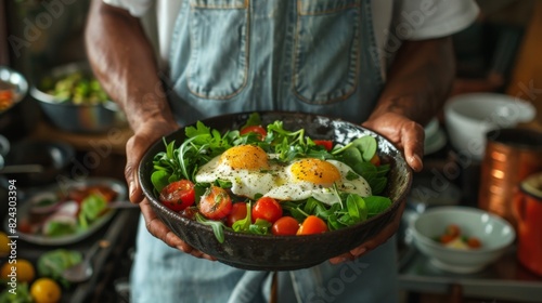 A man is holding a bowl of food that contains eggs and tomatoes