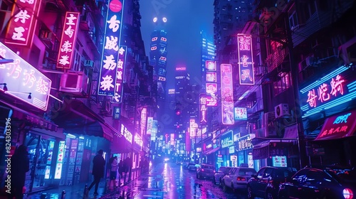 Neon lights and signs illuminate a city street photo