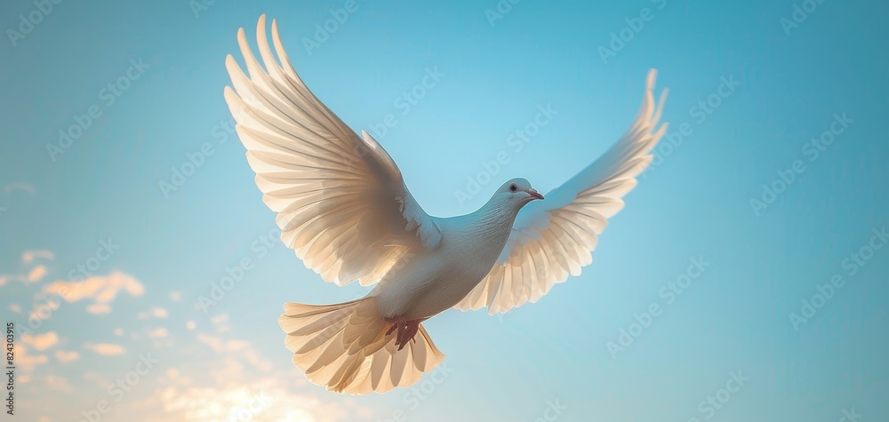 Flying white dove for world peace, Blue sky background, Peaceful dove, Symbol of harmony and unity