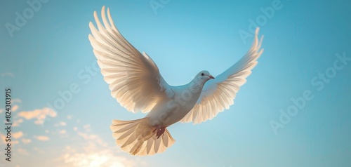 Flying white dove for world peace, Blue sky background, Peaceful dove, Symbol of harmony and unity