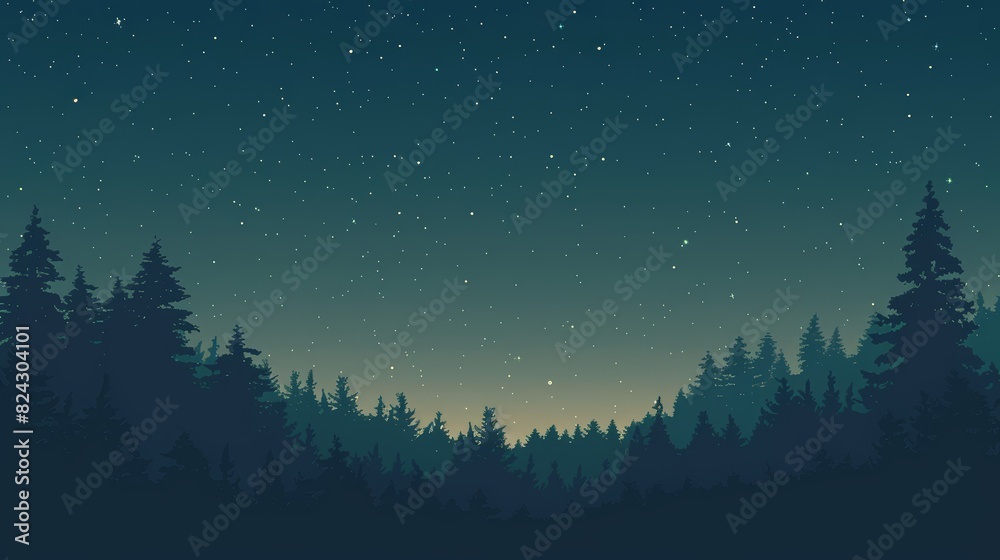 Fototapeta premium Simple and minimalist Starry night sky with forest silhouette background
