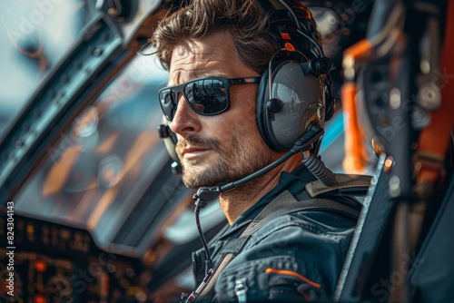 Portrait of a helicopter pilot sitting in the cockpit with a headset and headphones, Generative AI  © Raghav Frames