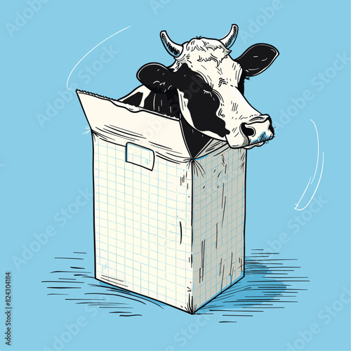 surreal illustration of a cow’s head protruding from an open milk carton